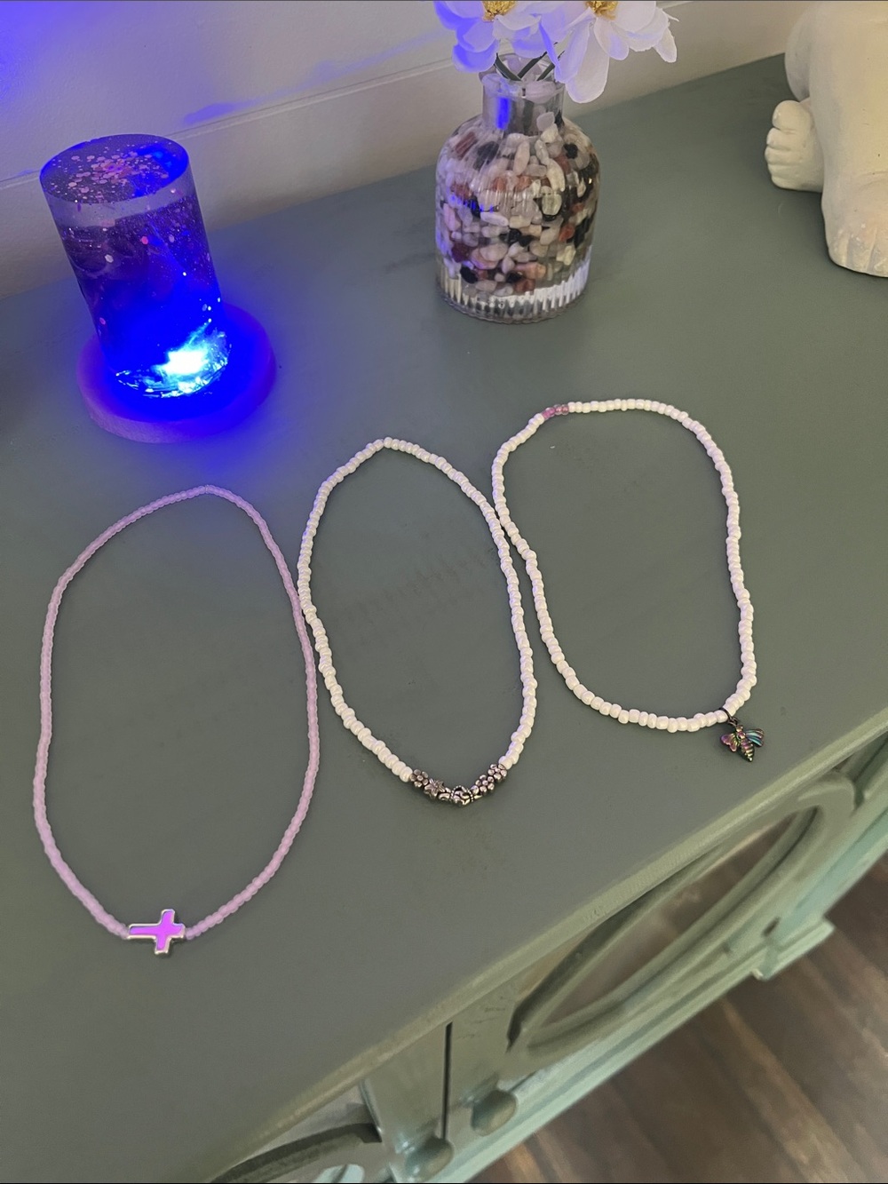 Handmade Beaded Necklace Trio in White and Light Glow in the dark purple